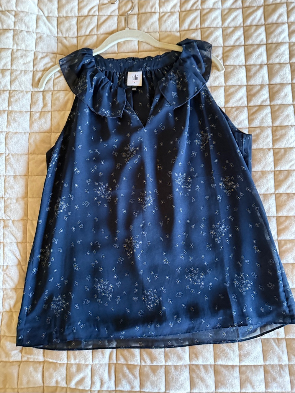 CAbi Navy Floral Ruffle Neck Sleeveless Blouse
